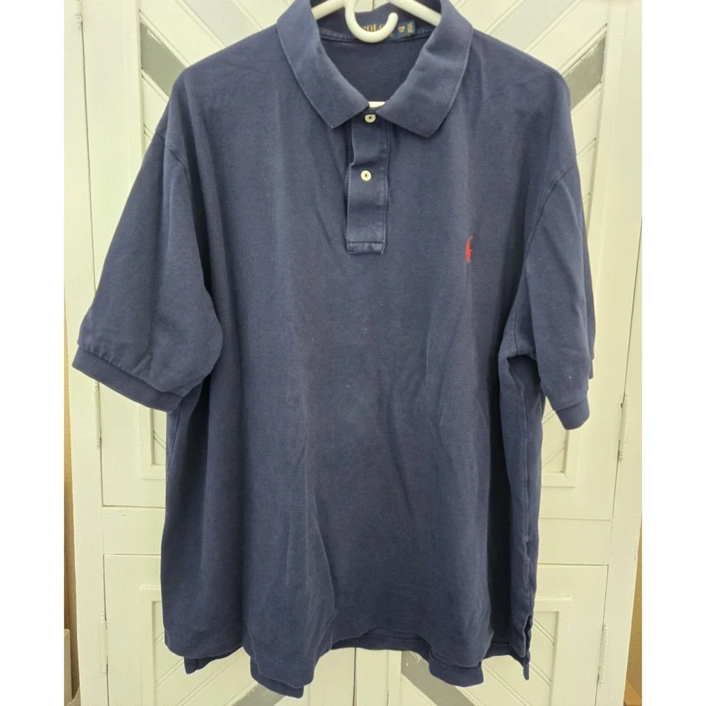 Polo Ralph Laurren Men's 2XB Navy Cotton Knit Short Sleeve Polo with Red Pony‎
